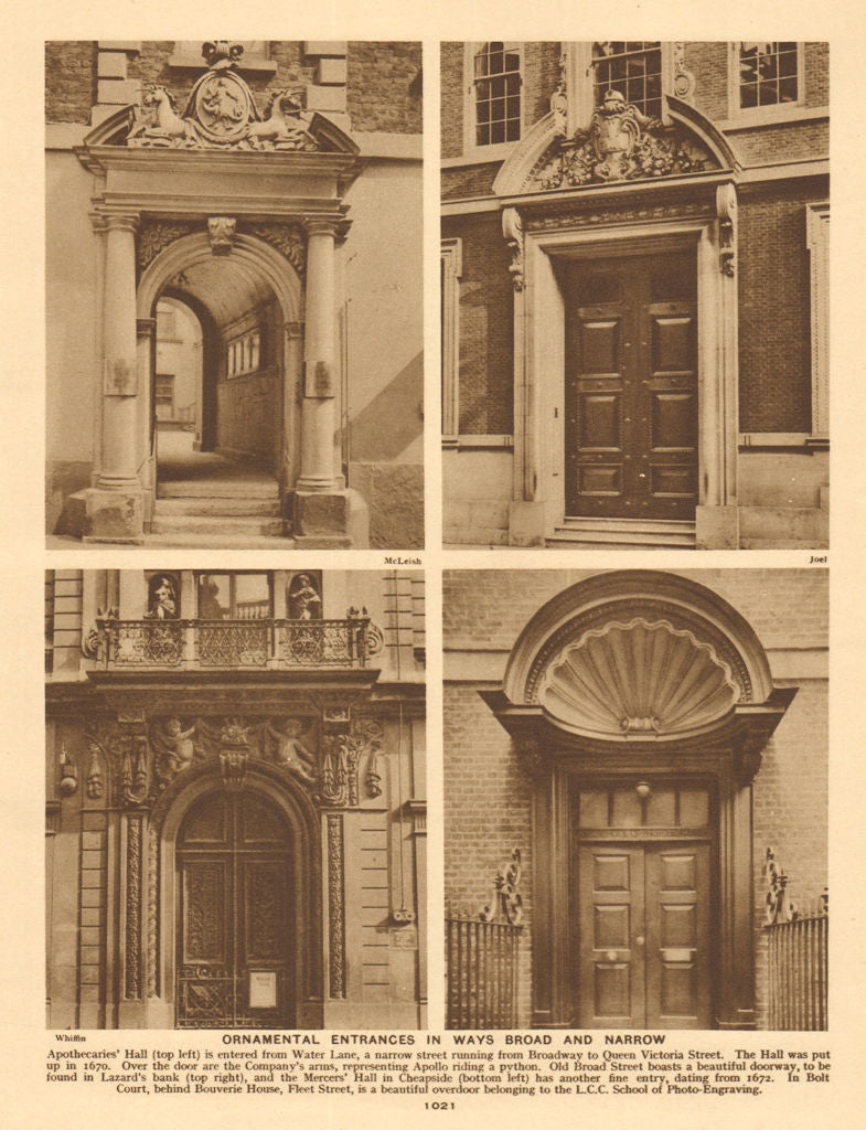 London City doorways. Apothecaries Hall. Lazard's. Mercers Hall. Bolt Court 1926